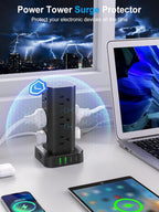 Regleta de alimentación de torre con múltiples salidas, protector de sobretensiones de enchufe plano, cable de extensión de torre con 12 tomas de CA, 4 puertos USB (2 USB C), cable de 6 pies