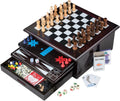Juego de mesa 15 en 1, tablero con detalles en madera, juego con cajón de almacenamiento, juegos: damas, ajedrez, damas, parcheesi chino, tictactoe, solitario, serpientes y escaleras, mancala, backgammon, dados, juego de cartas de póquer, Dominos y otros
