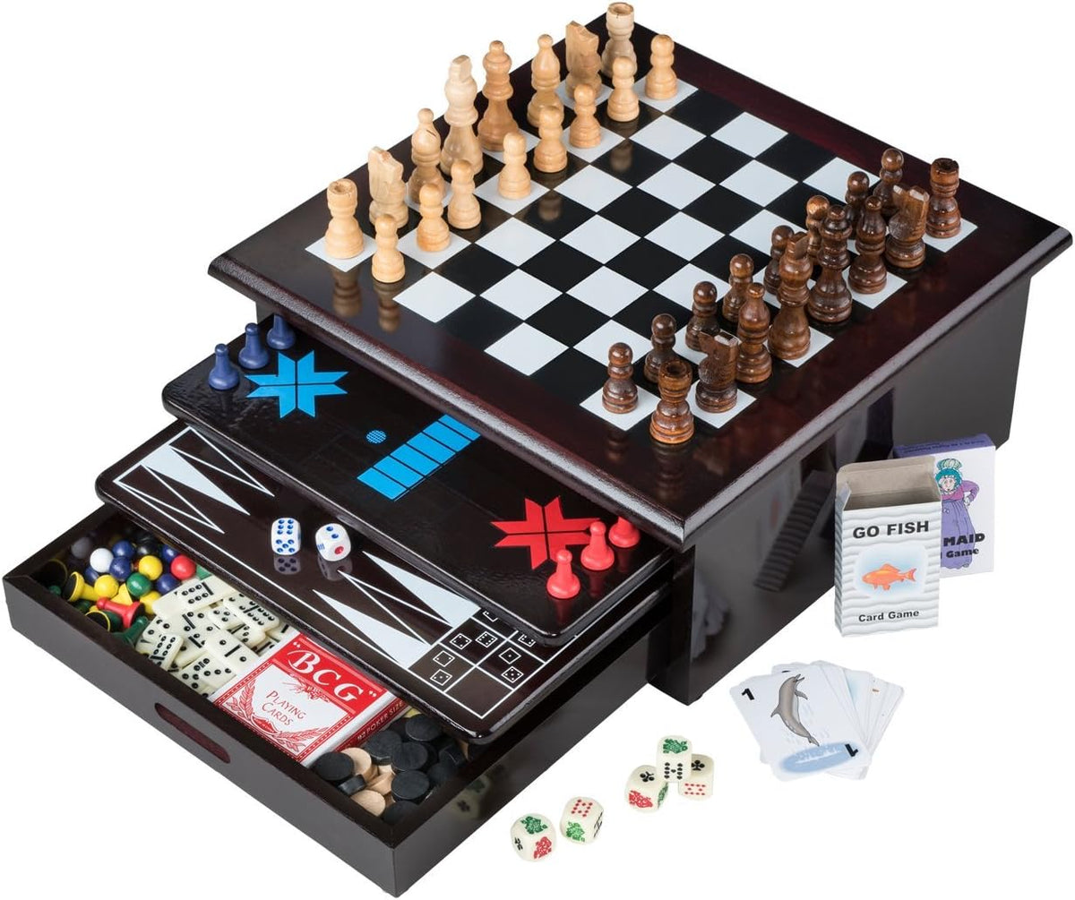 Juego de mesa 15 en 1, tablero con detalles en madera, juego con cajón de almacenamiento, juegos: damas, ajedrez, damas, parcheesi chino, tictactoe, solitario, serpientes y escaleras, mancala, backgammon, dados, juego de cartas de póquer, Dominos y otros