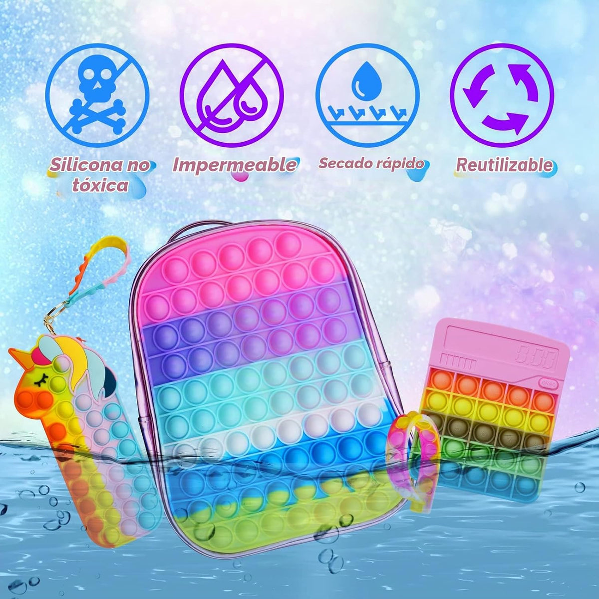 Mochila Pop Fidget para niñas, bolsas de reventar y cuaderno pop it y estuche de lápices de unicornio para niños, suministros escolares para aliviar el estrés, gran regalo de cumpleaños para niños
