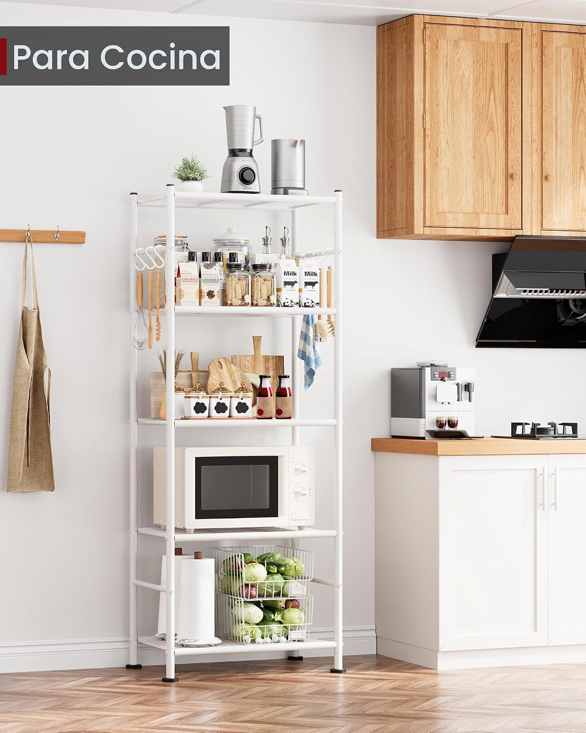 Organizador de almacenamiento 5T con ganchos, estante de metal resistente con patas niveladoras, estante independiente para dormitorio, balcón y garaje, 18.1 x 12.4 x 56.8 pulgadas, blanco