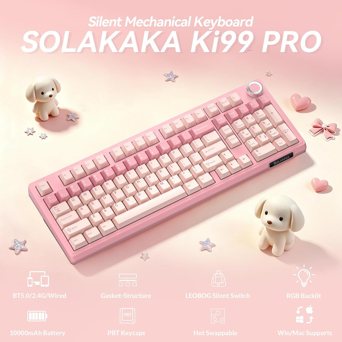 SOLAKAKA Teclado mecánico inalámbrico KI99 Pro 96% (rosa, interrupt...