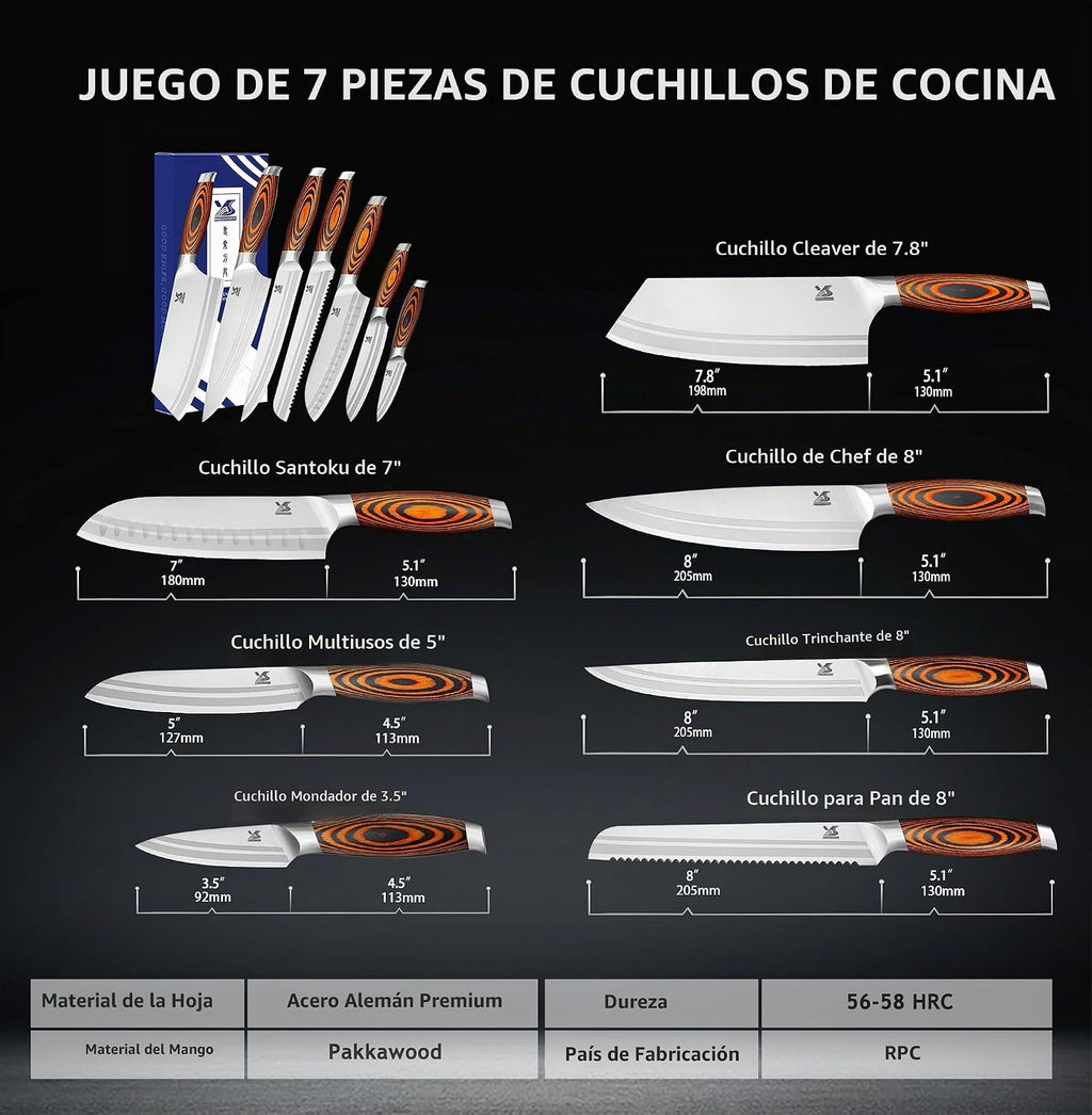 Juego de cuchillos de cocina de 7 piezas, acero inoxidable alemán para cuchillos de chef con mango de madera de Pakkawood, juego de cubiertos perfecto para regalo