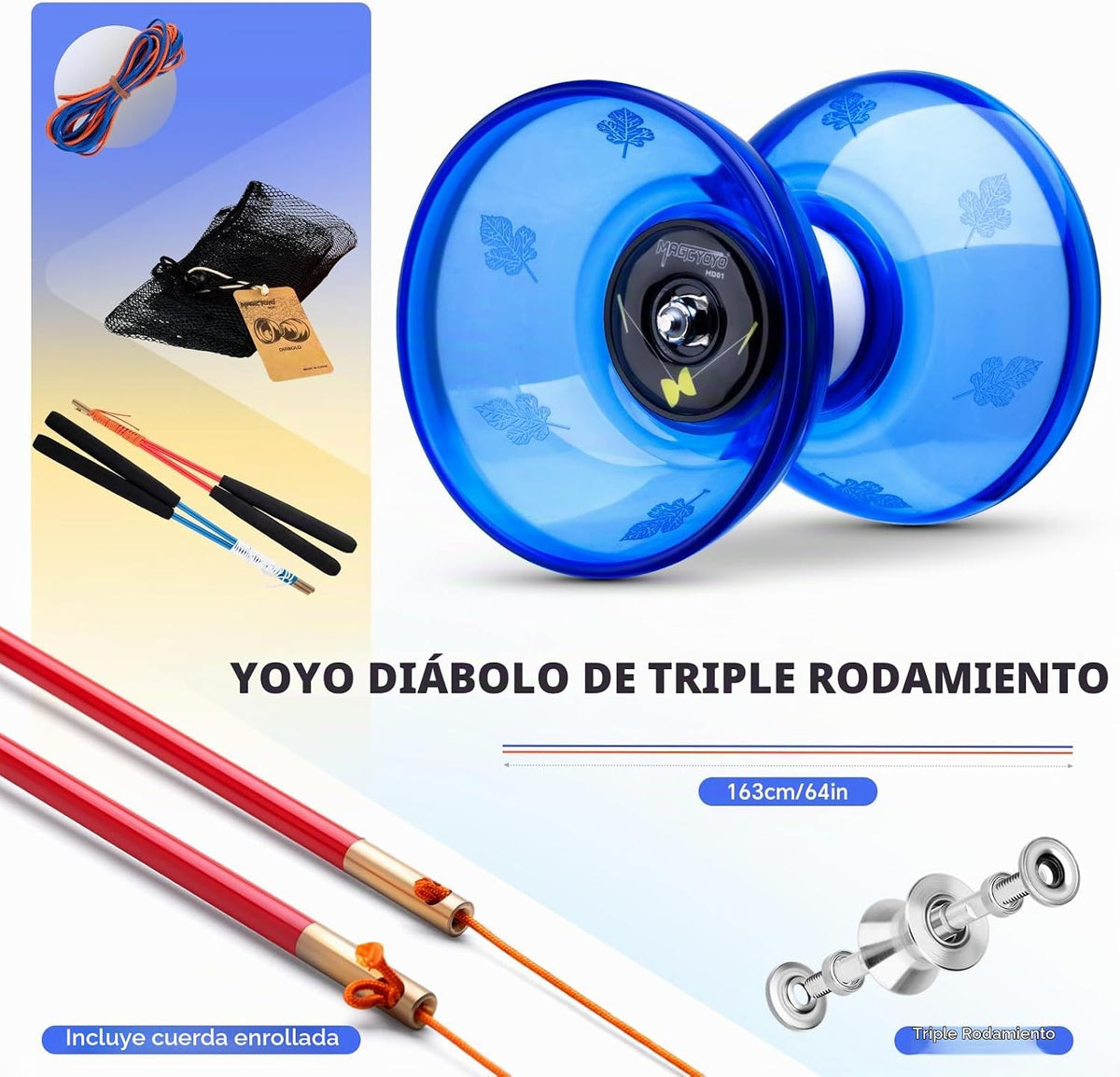 MAGICYOYO - Yoyo Diábolo de 4 pulgadas para niños con rodamiento triple profesional, color azul