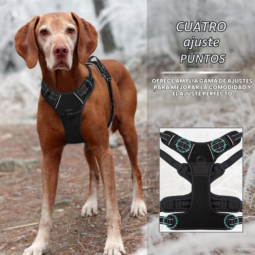 Barkbay Arnés antitirones con clip frontal para perros, material resistente y reflectante, mango de fácil control para pasear perros grandes (color negro, tamaño M)