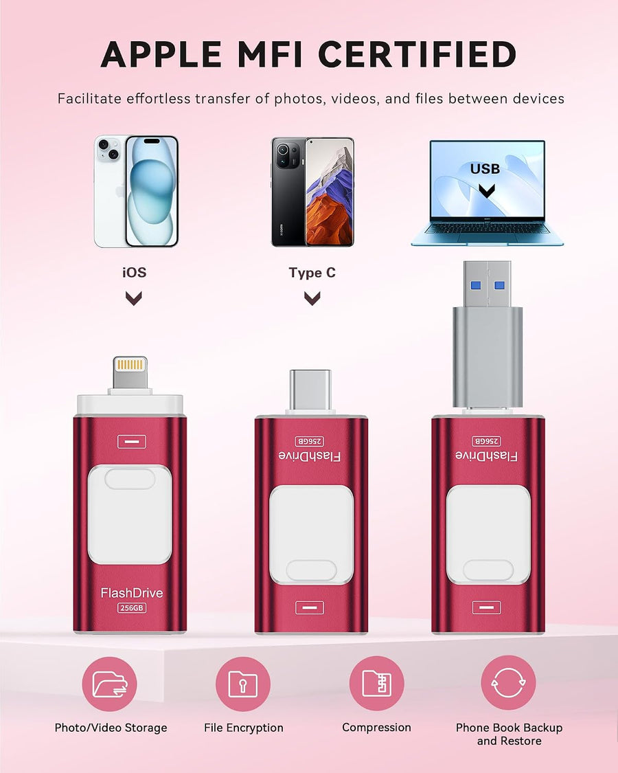 Unidad Flash Certificada MFi Apple de 256GB para iPhone, Palillo de...