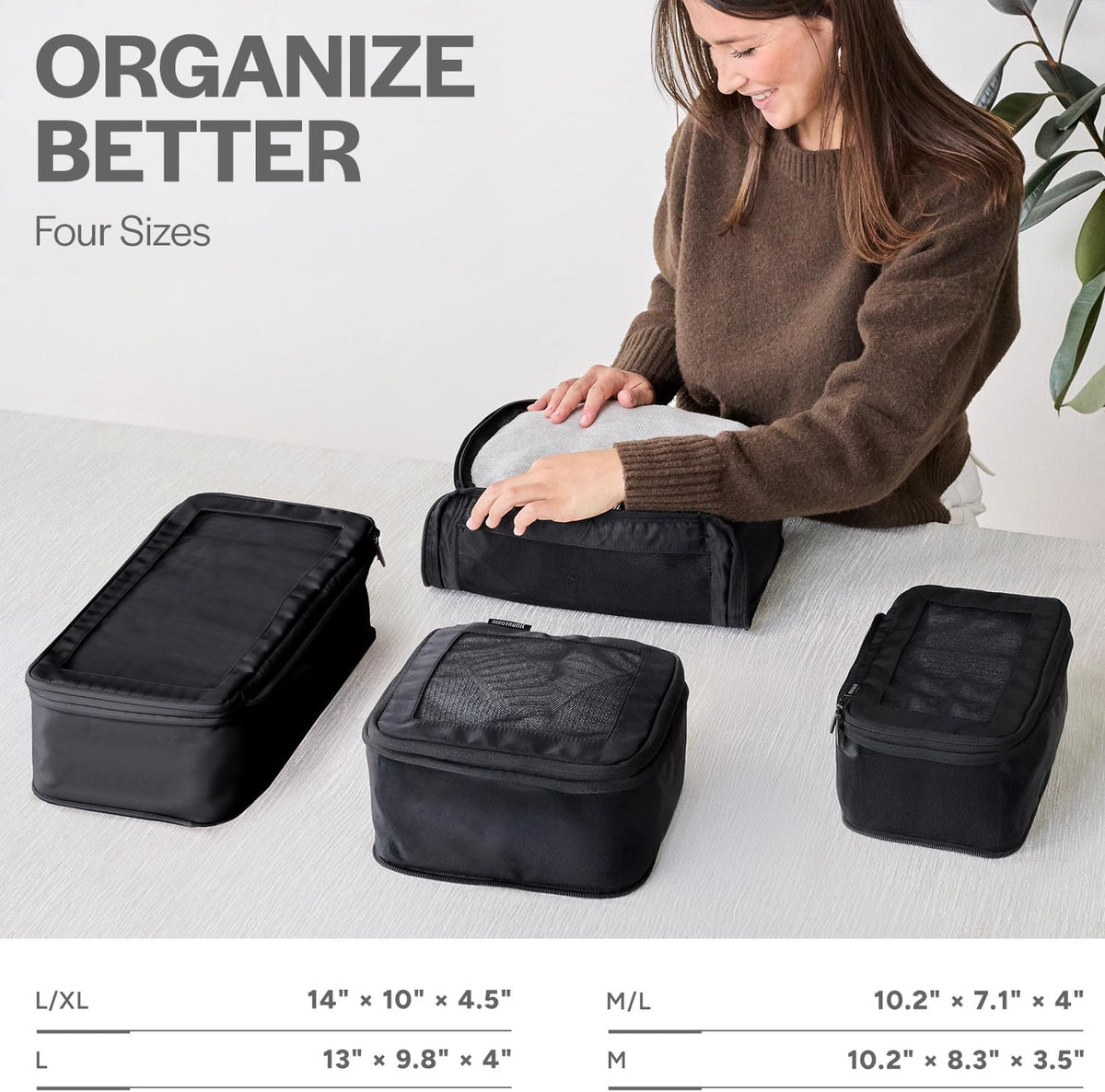 Cubos de Empaque de Compresión para Viajes - Bolsas Organizadoras de Equipaje - Cubos de Empaque con Doble Cremallera para Maletas (Paquete de 4, Negro)