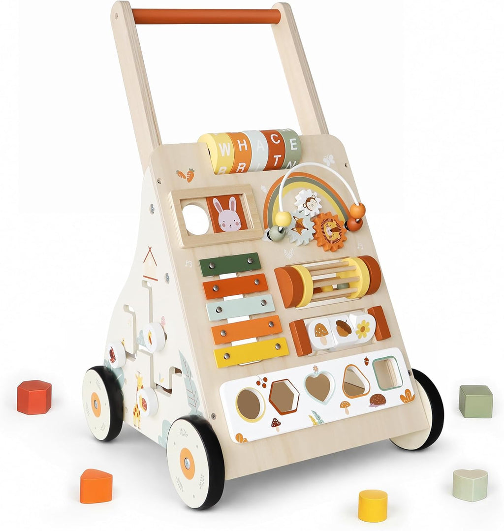 Centro de actividades de madera para caminar para bebés con música y juego