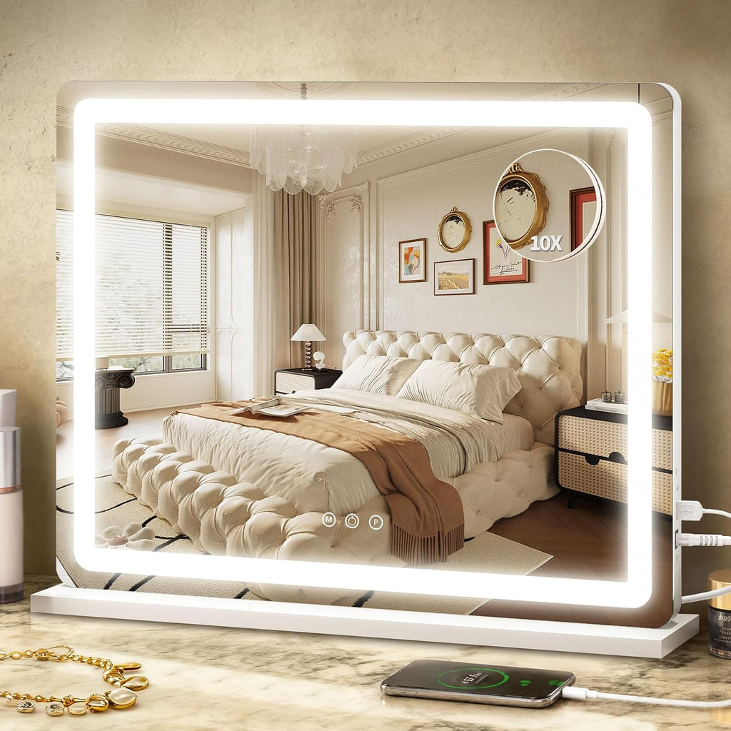 ROLOVE Espejo de tocador grande de 23 x 18 pulgadas con luces, espejo de maquillaje LED para tocador y escritorio, aumento 10X, control táctil regulable, espejo montado en la pared o de mesa para dormitorio (blanco)