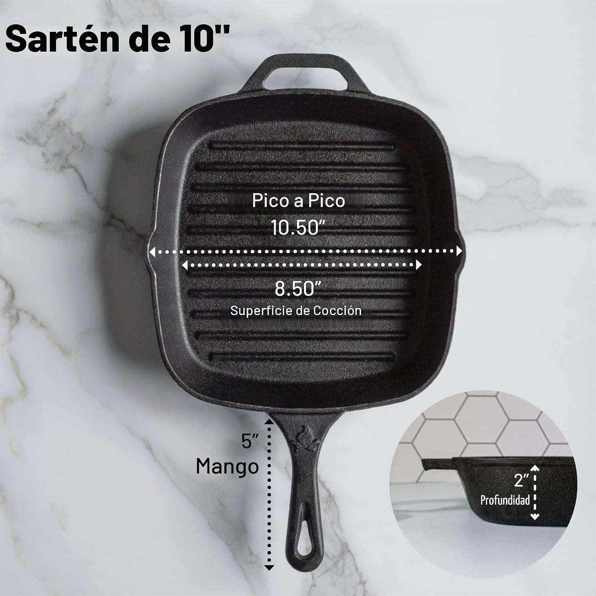 Sartén cuadrada de hierro fundido pre-sazonado mediano de 10,5 pulgadas