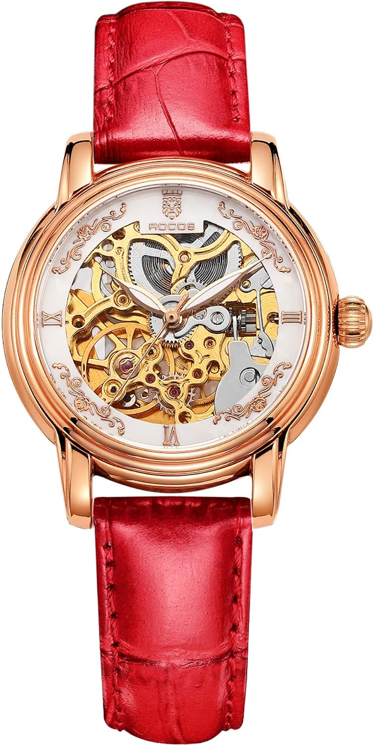 ROCOSJEWE Reloj de pulsera automático mecánico de lujo para mujer, esfera esqueletizada en oro rosado, manecillas luminiscentes, correa de cuero roja, reloj de vestir de moda para mujer, reloj esqueletizado autofaciente resistente al agua, regalo para