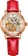 ROCOSJEWE Reloj de pulsera automático mecánico de lujo para mujer, esfera esqueletizada en oro rosado, manecillas luminiscentes, correa de cuero roja, reloj de vestir de moda para mujer, reloj esqueletizado autofaciente resistente al agua, regalo para