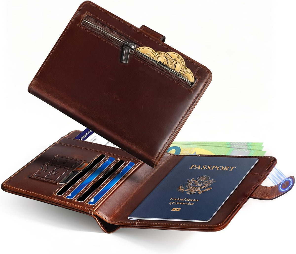 Soporte para pasaporte para familia de viajes: Cartera de cuero de grano completo para pasaporte para hombres - Cartera delgada con hebilla magnética con bloqueo RFID para billete aéreo SIM