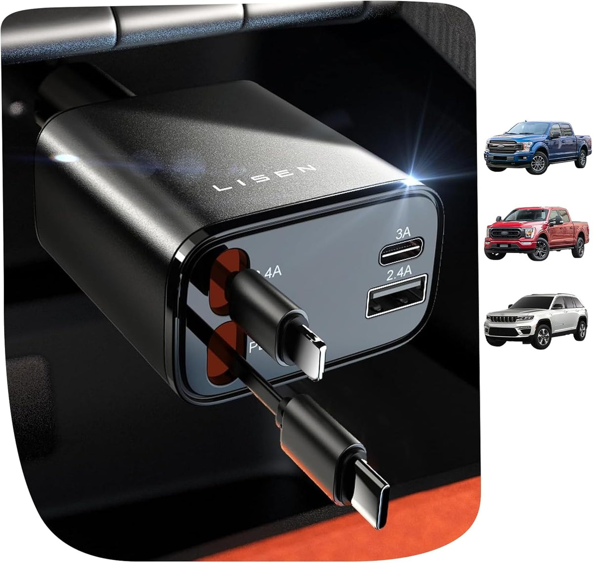 LISEN - Cargador retráctil para coche 4 en 1 para automóviles, 84W