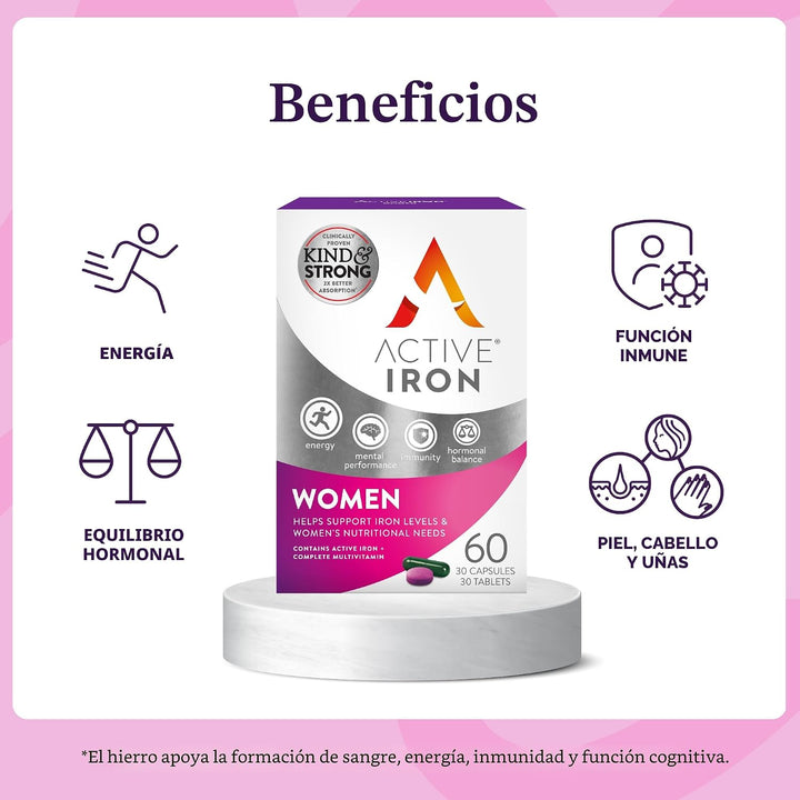 Suplemento de hierro activo de 25 mg + multivitamínico para mujeres...