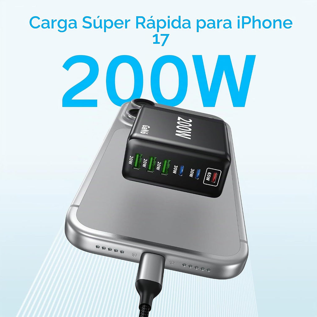 Paquete de 2 cargadores USB C, 200 W GaN cargador súper rápido tipo C iPhone 17 16 carga rápida 6 puertos plegable PD estación de carga para todos los teléfonos iPhone/Android, Samsung Galaxy S25/S24