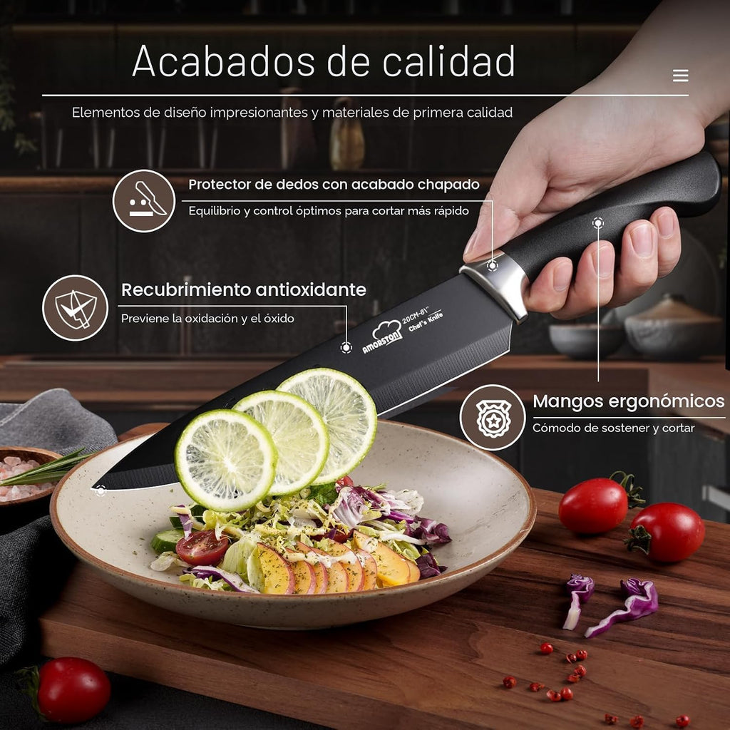Juego de cuchillos de cocina de 21 piezas con bloque y afilador, juego de cuchillos ultra afilados con asas ergonómicas, juego de bloques de cuchillos de acero inoxidable alemán negro, apto para lavavajillas