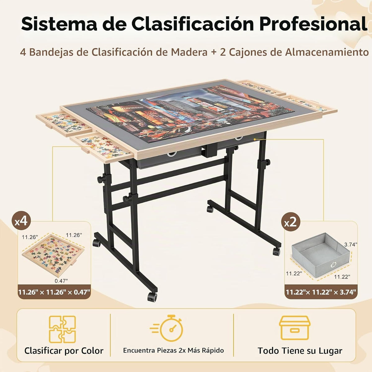 Mesa de rompecabezas de 1500 piezas con ruedas, cajones y cubierta, altura ajustable de 33.58 x 24.92 pulgadas y tablero de rompecabezas de inclinación de 45° para adultos, también ideal como mesa de cuentas fusibles