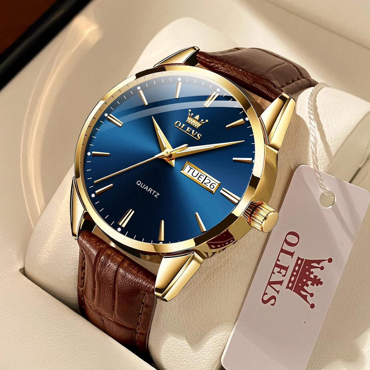 OLEVS Reloj de piel marrón para hombre, lectura elegante de vestir, reloj de pulsera con fecha diaria, cuarzo