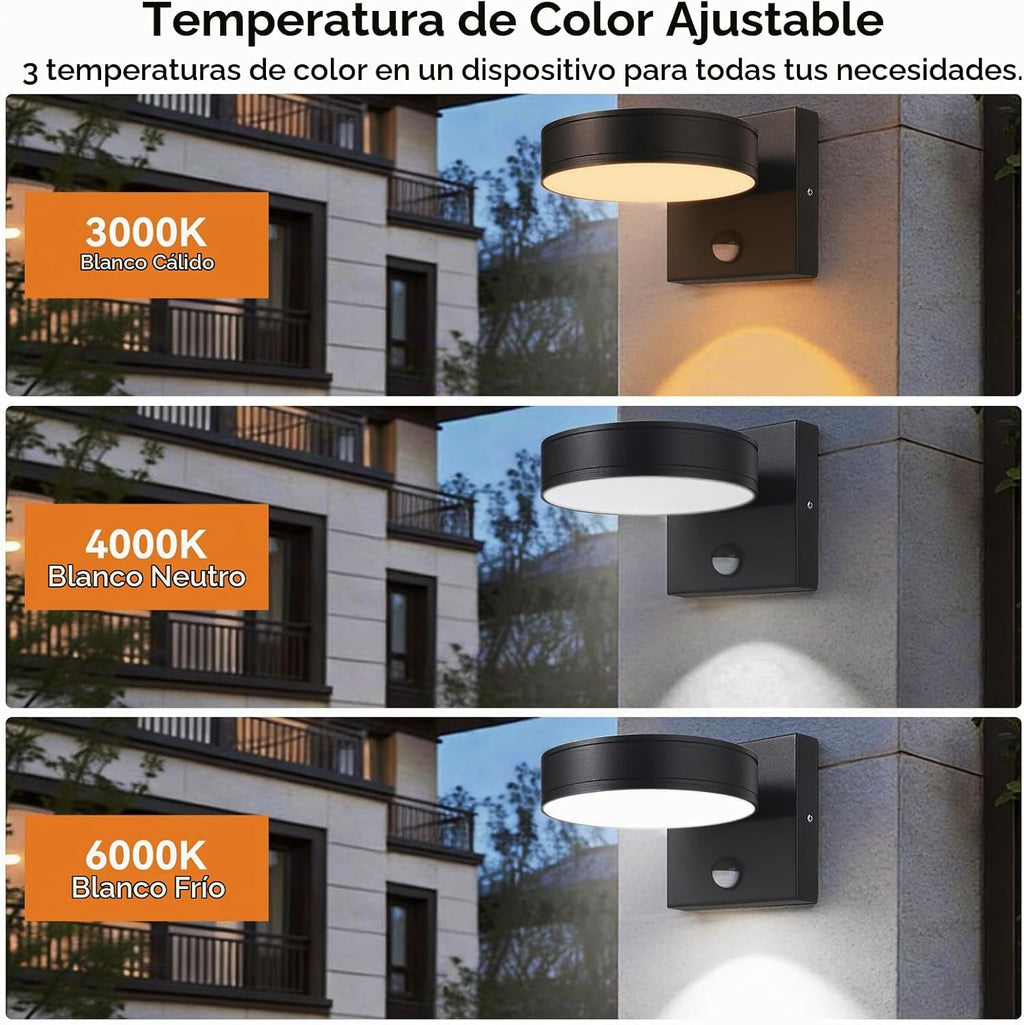 Lámpara Luces de pared para exteriores con sensor de movimiento, aplique de pared giratorio de 360°, 3000 K/4000 K/6000 K, luces LED cableadas para porche, accesorios de iluminación exterior