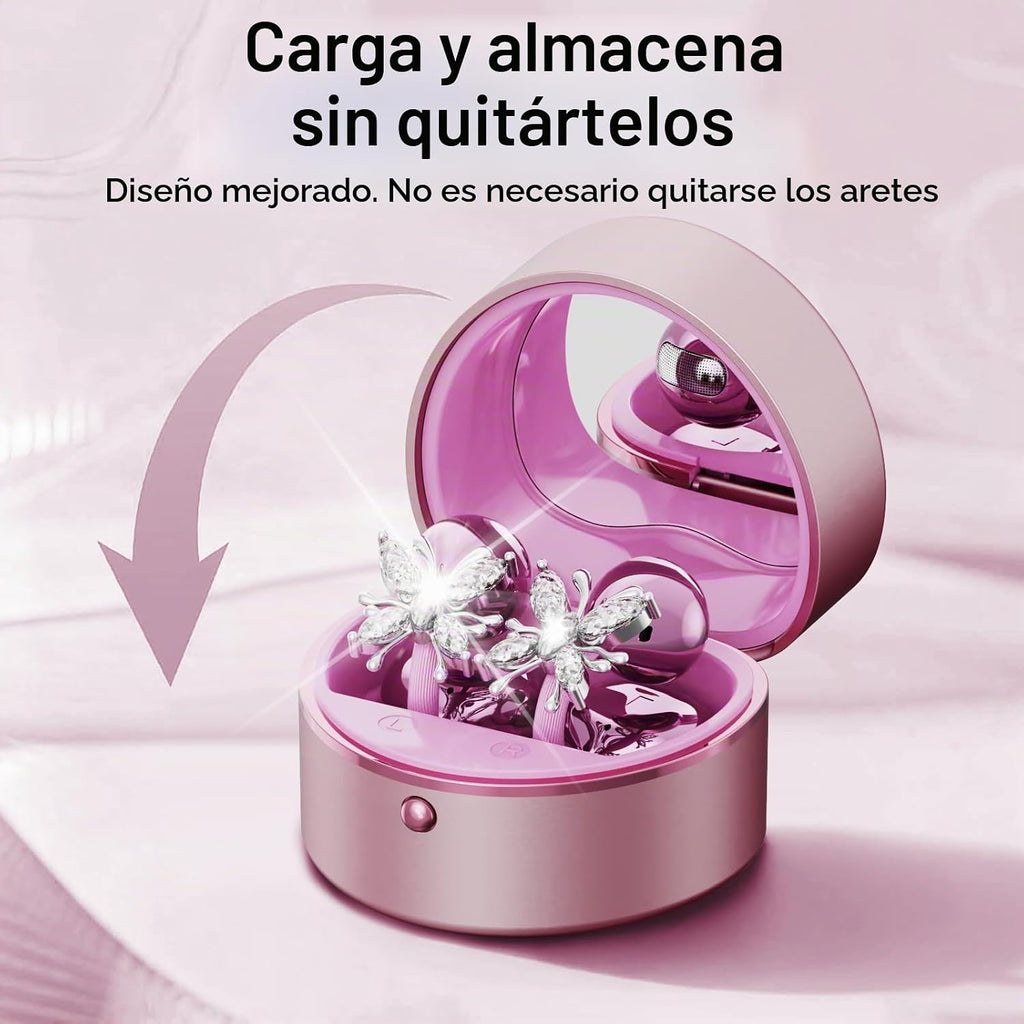 2026 Gran regalo con clip en auriculares con diseño de corazón y aretes de mariposa desmontables, auriculares inalámbricos Bluetooth 6.0 para mujer, IPX6 impermeable, tiempo de reproducción de