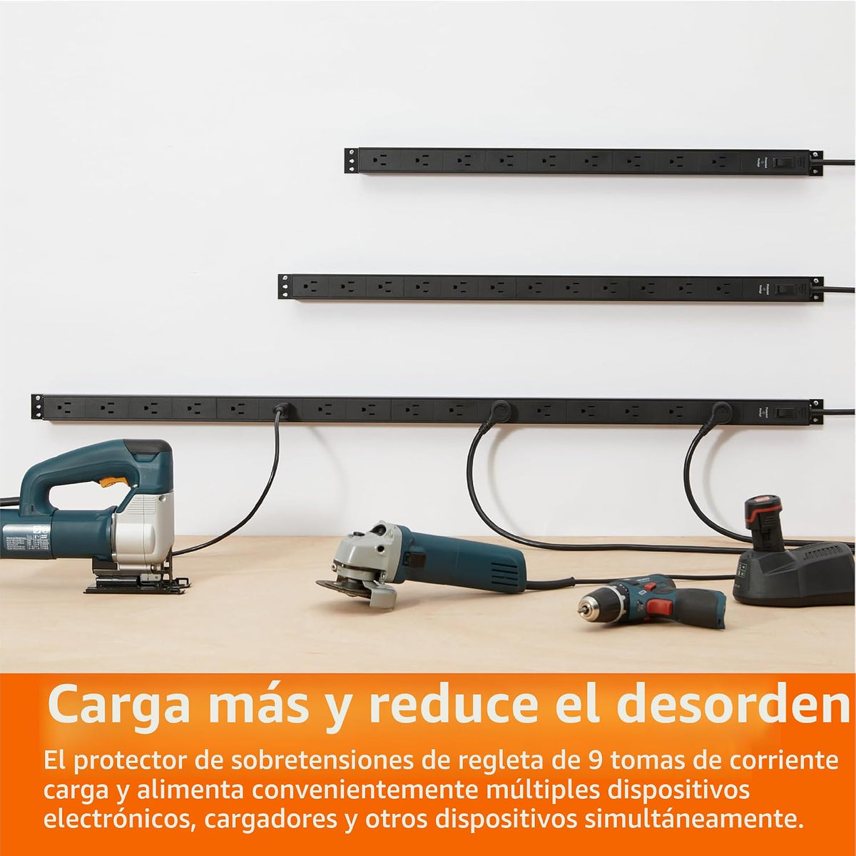 Amazon Basics Regleta protectora de sobretensiones, 9 tomacorrientes, resistente, metal, 600 julios, cable de extensión de 6 pies, montable, amplio espaciado, negro
