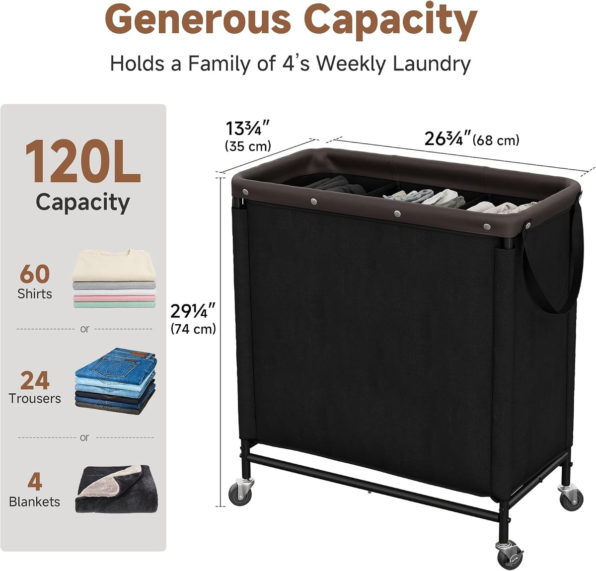 StorageWorks Cesta de lavandería de 3 secciones, carrito clasificador negro