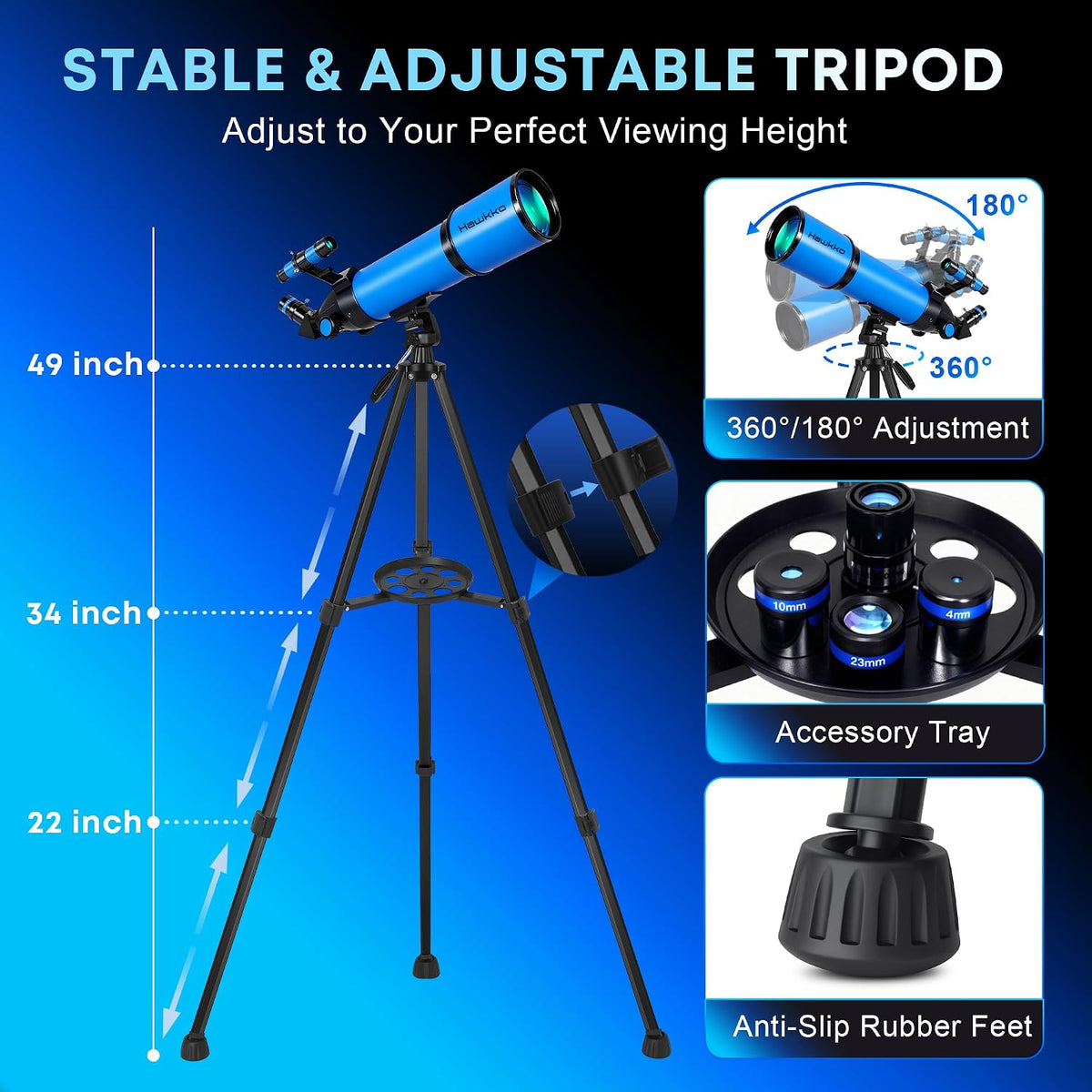 Hawkko Telescopio para adultos y niños, 3.150 in de apertura, 23.622 in de alta potencia telescopio para principiantes de astronomía - Telescopios refractores con trípode AZ