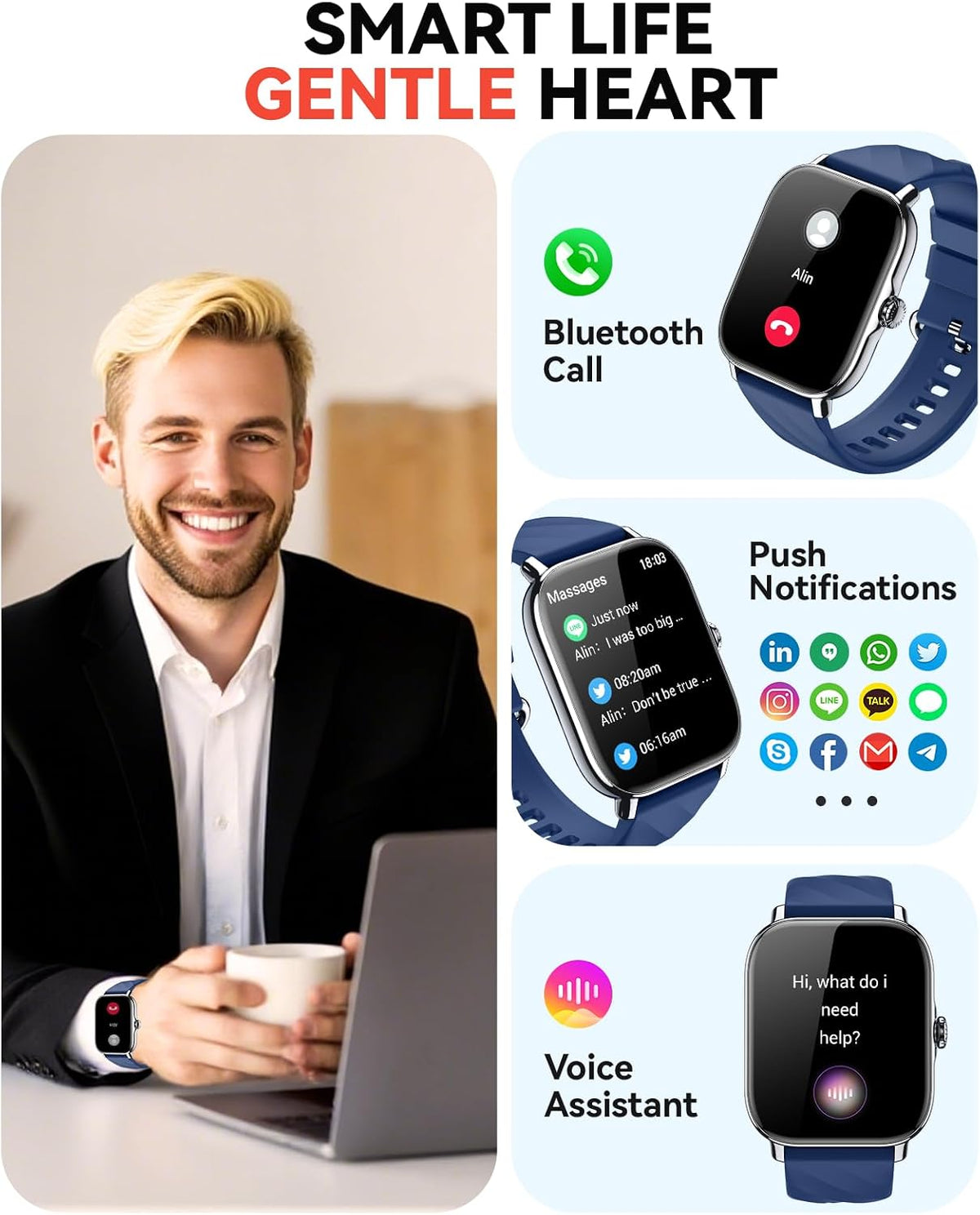 Relojes inteligentes rastreador de actividad física para mujeres y hombres con contador de pasos, monitor de calorías de sueño, podómetro, impermeable IP68, reloj inteligente con más de 120 deportes para iPhone y Android (azul)