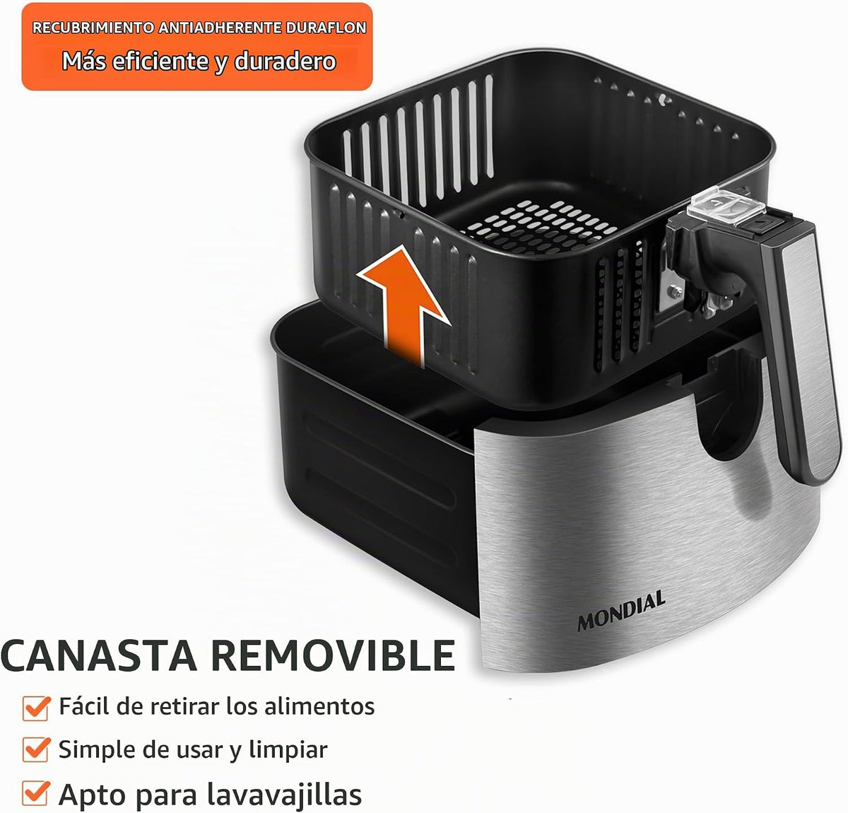 Mondial Air Fryer Digital 5.3 litros (5.3QT) - Freidora eléctrica con pantalla y acabado de acero inoxidable - 1800W - Negro