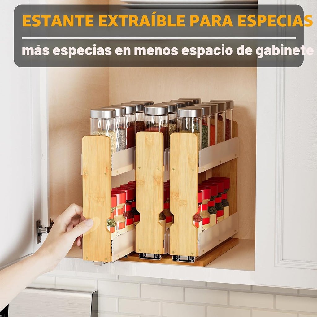 SpaceAid - Organizador de especias extraíble de bambú para gabinete, organizador de condimentos deslizante y resistente para cocina y despensa, organización vertical, 7.6 pulgadas de ancho, 3 cajones