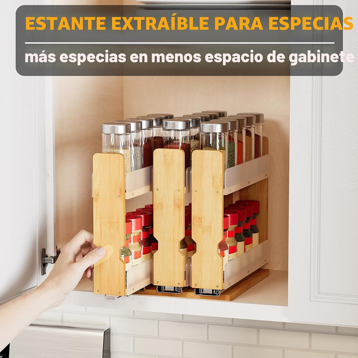 SpaceAid - Organizador de especias extraíble de bambú para gabinete, organizador de condimentos deslizante y resistente para cocina y despensa, organización vertical, 7.6 pulgadas de ancho, 3 cajones