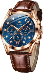 OLEVS Reloj de Hombre de Cuero con Cronógrafo Diamante Lujo Moda Vestimenta Analógico Cuarzo Pulsera Iluminada Resistente al Agua Fase Lunar Fecha