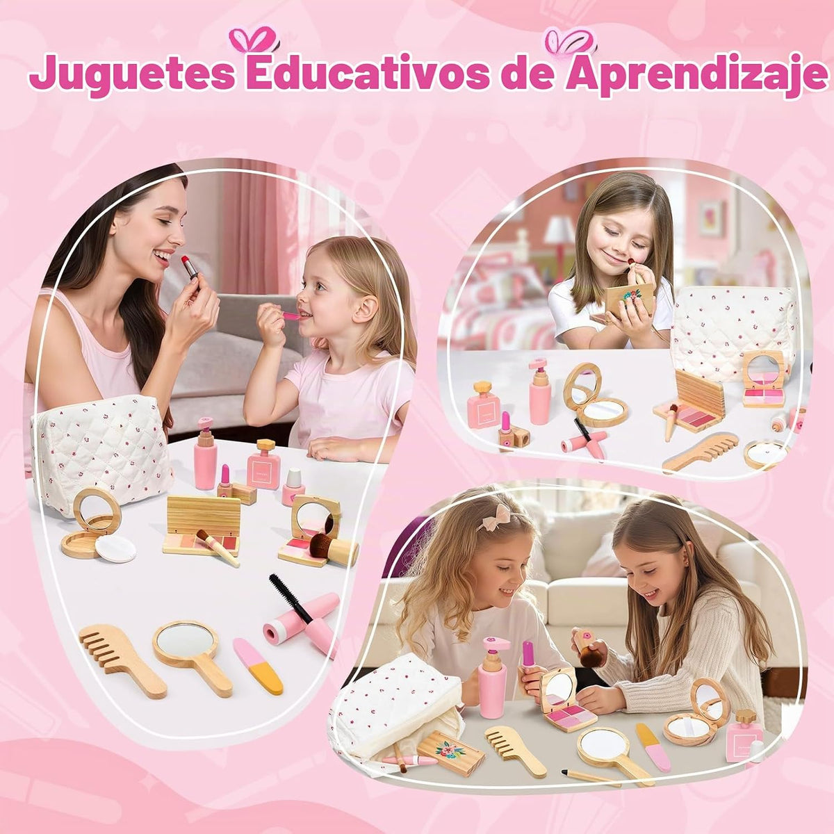 Juego de juguetes de maquillaje de madera para niños pequeños [2026] Kit de maquillaje para niñas de 3 a 5 años con lápiz labial de madera, espejo, pinceles, juego de cosméticos, regalo de cumpleaños para niñas de 3, 4, 5, 6 años