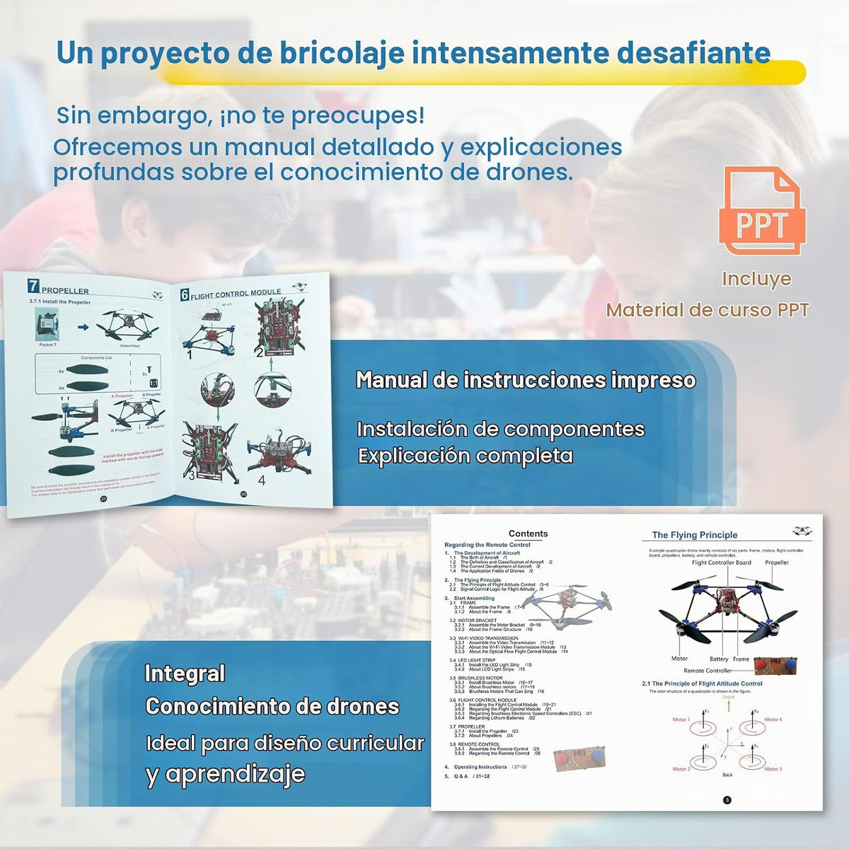 Kit de Drone Cuadricóptero DIY: Un Proyecto STEM Único con Motor sin Escobillas, Vuelo Estacionario con Flujo Óptico, Despegue y Aterrizaje con Un Clic, y Giro de 360° para que los Entusiastas del DIY