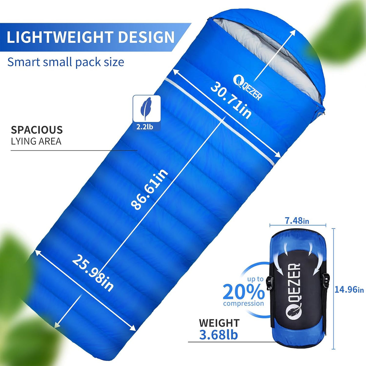 Saco de dormir de plumón para adultos y adolescentes, 600 FP RDS plumón ultraligero