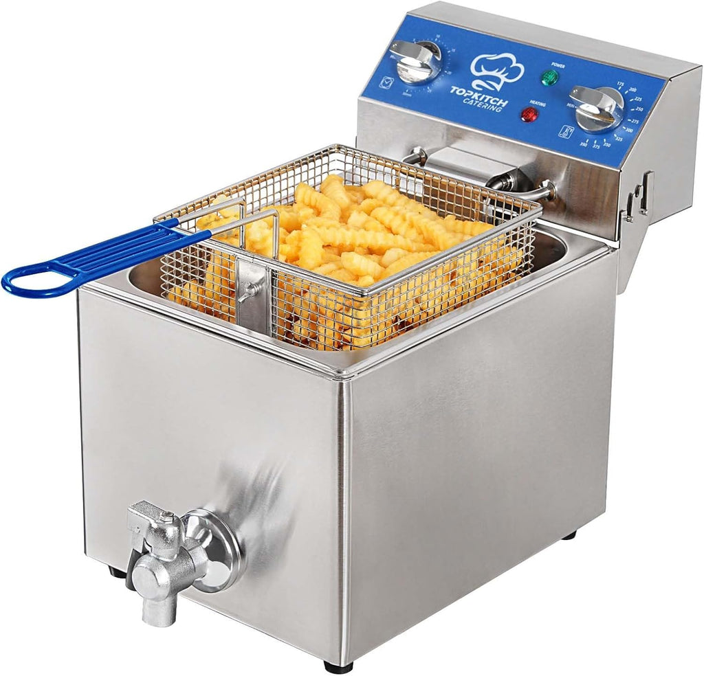 TOPKITCH Freidora Eléctrica de 6.3 Qt con Drenaje de Aceite, Temporizador de 30 Minutos, Tanque de Aceite con Formación por Estiramiento, Tapa y Cesta de Malla de Alambre Sólida, Freidora de Inmersión