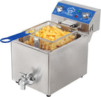 TOPKITCH Freidora Eléctrica de 6.3 Qt con Drenaje de Aceite, Temporizador de 30 Minutos, Tanque de Aceite con Formación por Estiramiento, Tapa y Cesta de Malla de Alambre Sólida, Freidora de Inmersión
