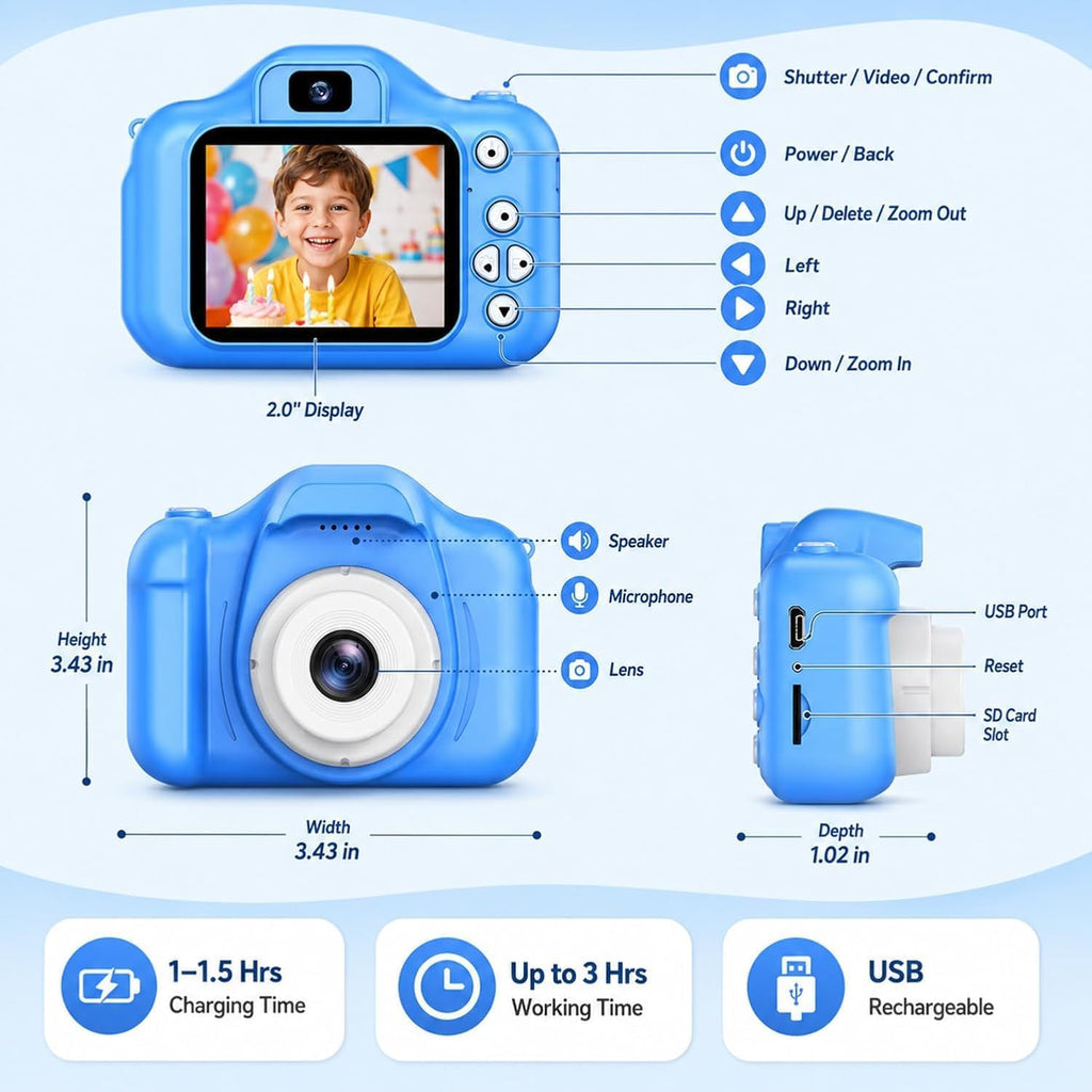 Cámara infantil para niños y niñas de 3 a 10 años, video 1080P