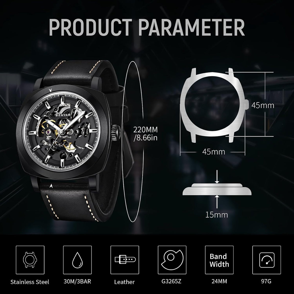 BENYAR Reloj Automático Mecánico de Esqueleto para Hombre de Vestir