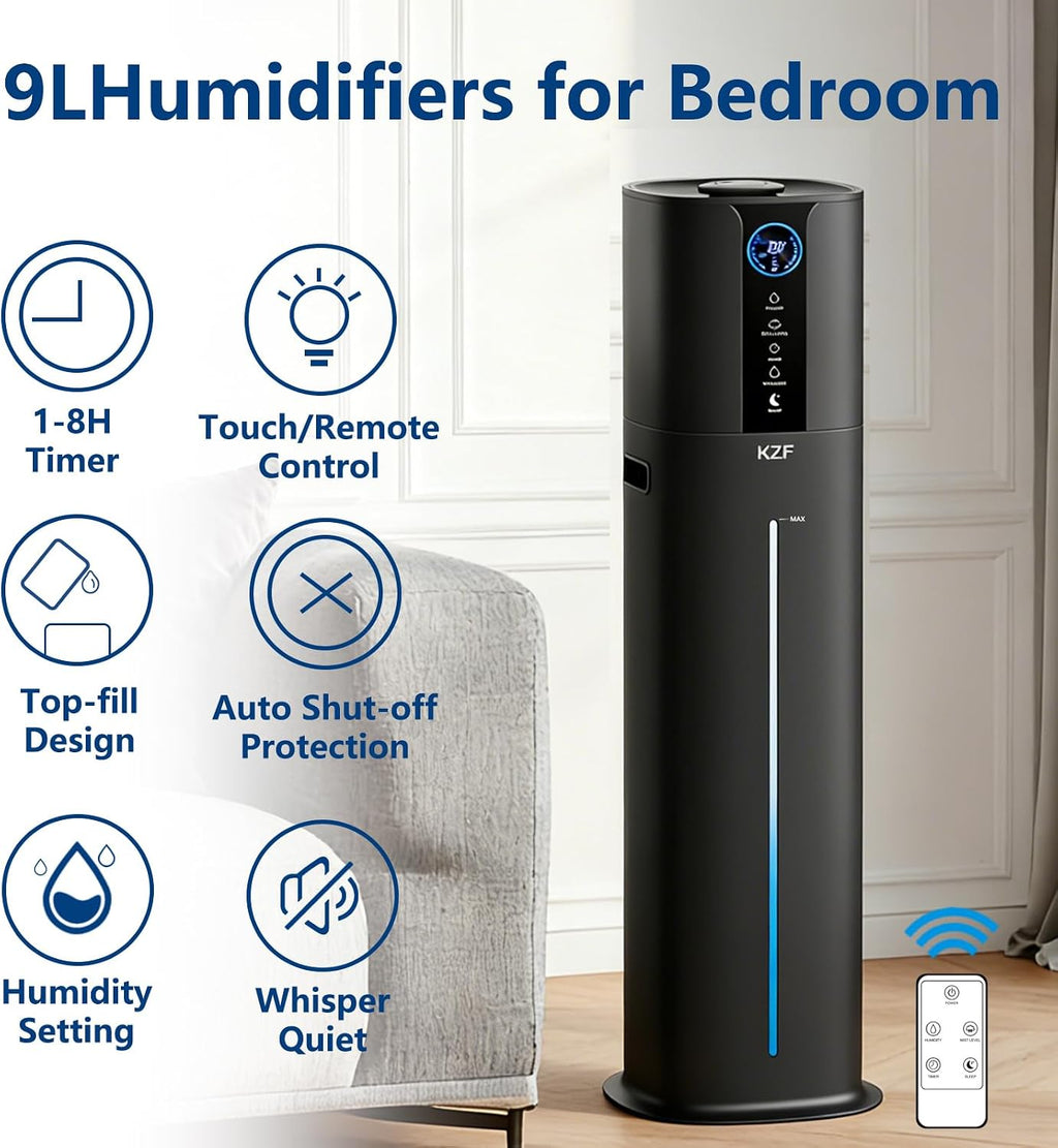 KZF Humidificadores de 9L para dormitorio grande, difusor de llenado superior de niebla fría de 2.3 galones, control remoto, 3 modos de niebla, humidificador silencioso para plantas de oficina en casa