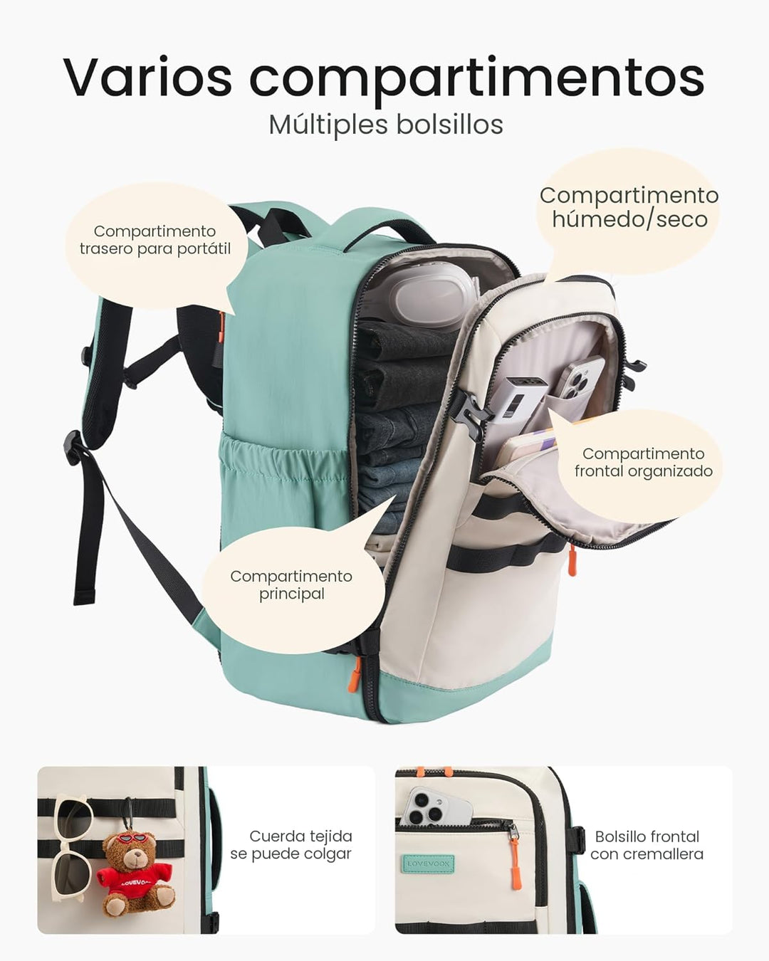 LOVEVOOK Mochila de viaje de 40L para mujeres y hombres, mochila de...