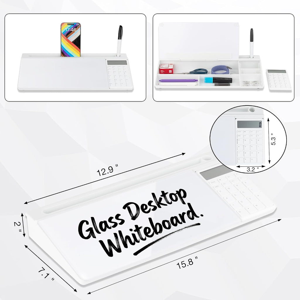 Pizarra blanca de escritorio de vidrio con calculadora y almacenamiento, tablero de notas de borrado en seco para escritorio, organizador de escritorio compacto para escritorio, oficina, suministros