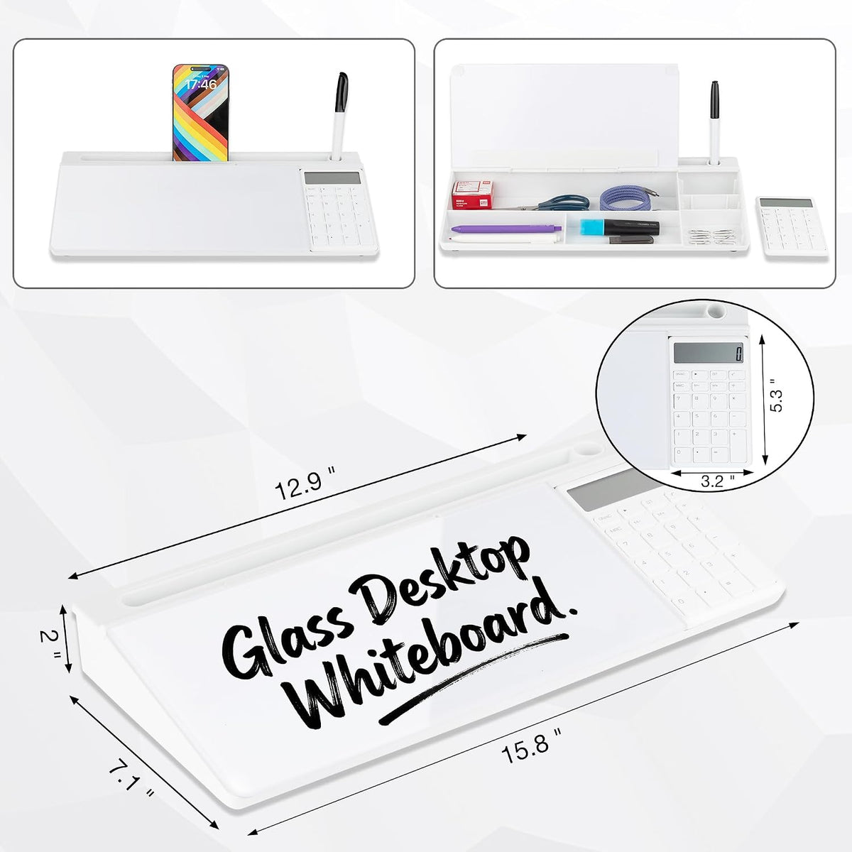 Pizarra blanca de escritorio de vidrio con calculadora y almacenamiento, tablero de notas de borrado en seco para escritorio, organizador de escritorio compacto para escritorio, oficina, suministros