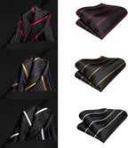 Hi-Tie - Juego de 3 piezas para hombre, incluye corbata, pañuelo de bolsillo, gemelos y pin de solapa, colección de corbata de seda