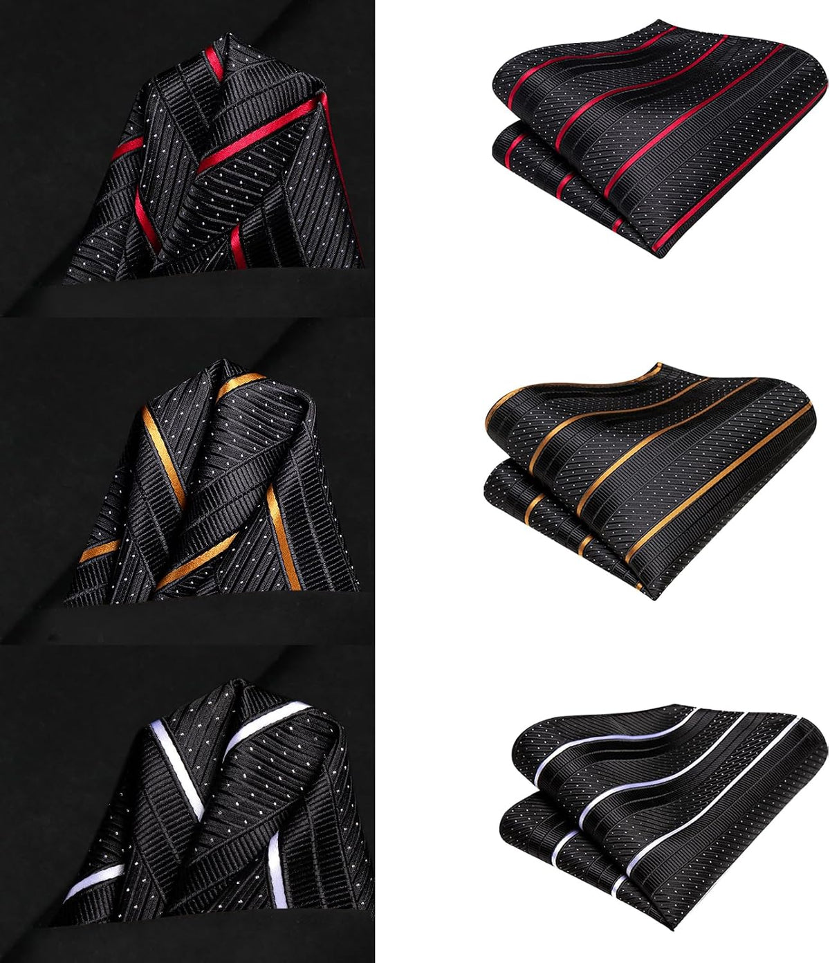 Hi-Tie - Juego de 3 piezas para hombre, incluye corbata, pañuelo de bolsillo, gemelos y pin de solapa, colección de corbata de seda