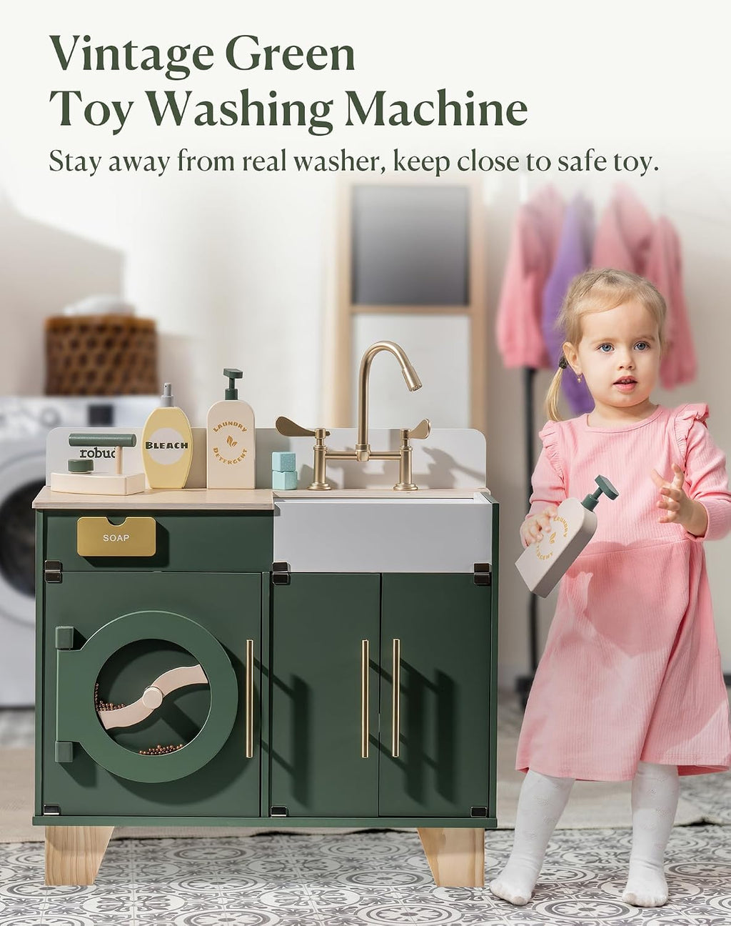 ROBUD Cocina de juego para niños, lavadora multifunción de madera para niños, juego de cocina para niños, lavadora de juguetes de cocina con accesorios, regalo perfecto para bebés de 3 a 8 años