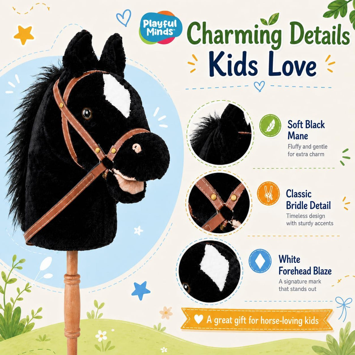 Nature Bound Caballo de palo | Caballo en un palo con efectos de sonido – Poni de peluche hecho a mano para niños pequeños y niños | Mango de madera resistente cosido a mano | Juguete de caballo de juego de simulación (negro)