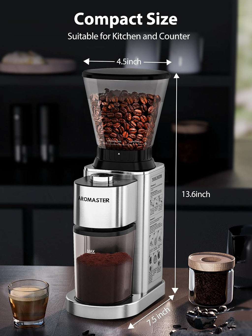 Aromaster Molinillo cónico de grano de café, 48 ajustes, antiestático