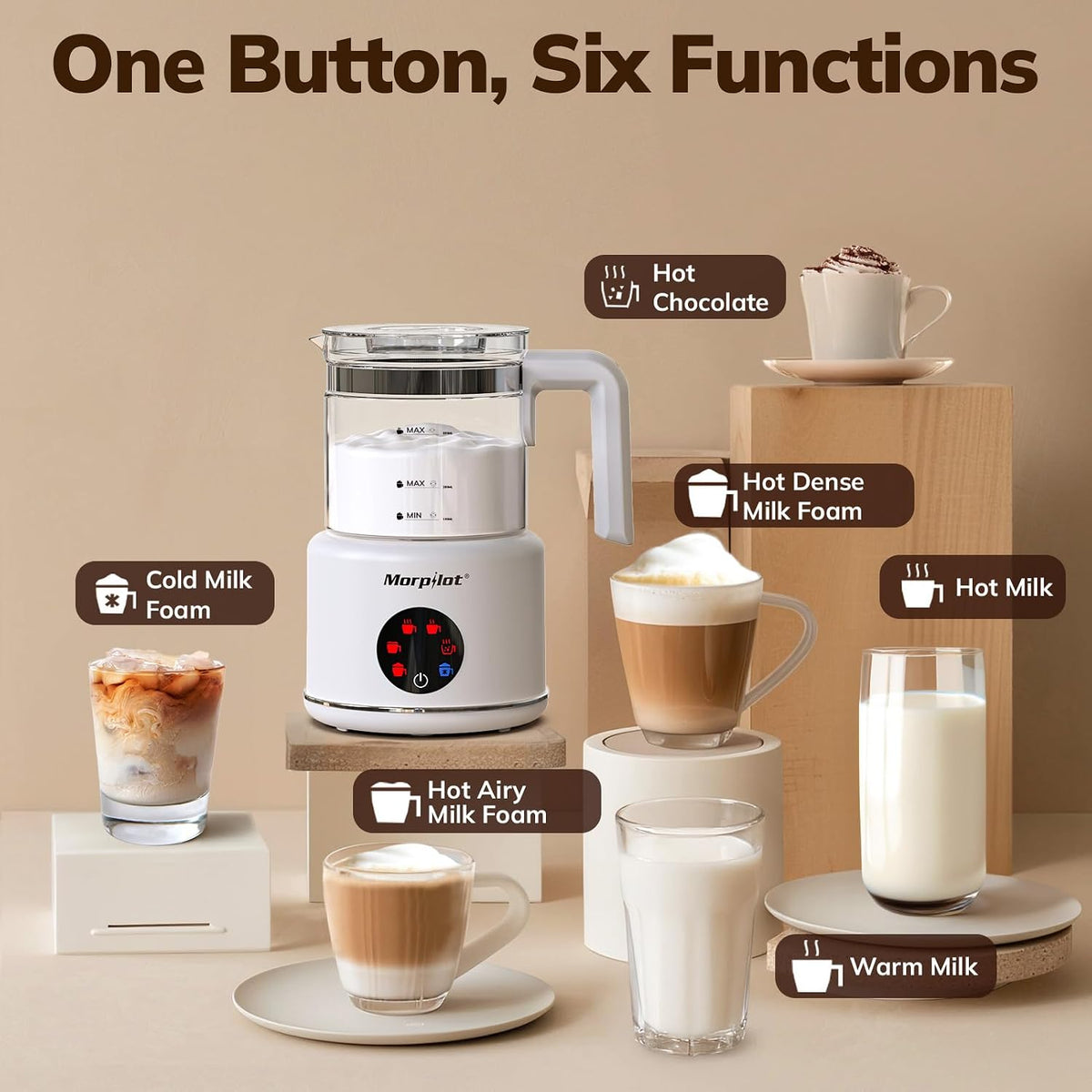 Espumador de leche eléctrico grande y vaporizador, vaporizador de leche de 16.9 onzas y espumador para leche o chocolate caliente, apto para lavavajillas, sin BPA, 6 funciones, disfruta de la espuma